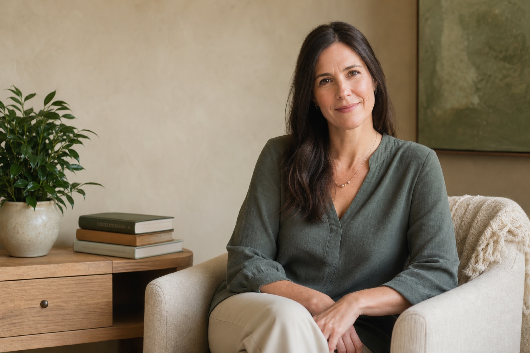 Demo portrait of a fictional therapist seated in a warm, plant-filled office